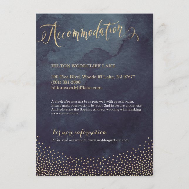 Glam night gold glitter calligraphy accommodation enclosure card (Front)