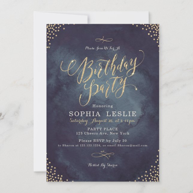 Glam night gold glitter calligraphy birthday party invitation (Front)
