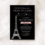 Glam Night in Paris Pink Sweet 16 Birthday Invitation<br><div class="desc">A shimmering silver Eiffel Tower rises against a dramatic black night sky with cascading stars on this glamorous Paris-themed Sweet 16 birthday invitation. Soft pink script announces "Ooh La La! Join Us for a Night in Paris" alongside all customizable event details, finished with a coordinating pink and white stripe backing....</div>