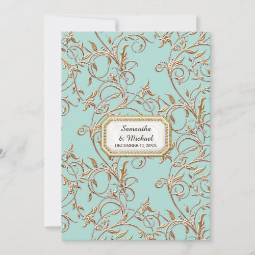 Glam Old Hollywood Regency Gold Foliage Aqua Invitation