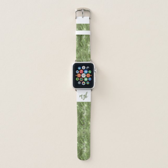 Glam Olive Green Glitter Tropical Leaves Monogram Apple Watch Band (Front)