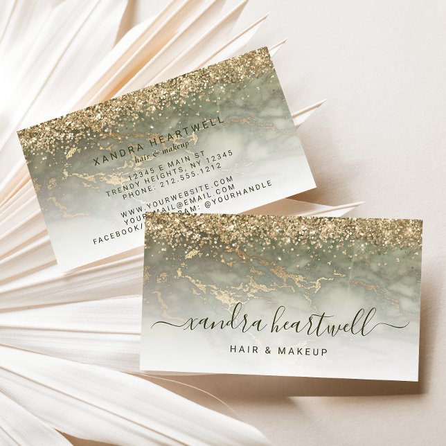 Glam Olive Green Gold Marble Glitter Script Business Card (Creator Uploaded)