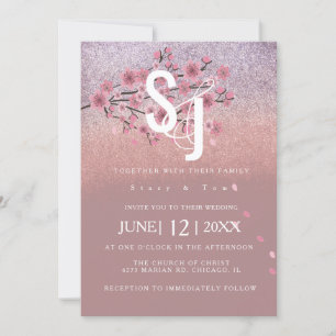 Glam Ombré Cherry Blossom Tree Petals Wedding Invitation