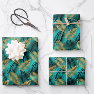 Glam Palm Leaves Gold Black Teal Faux Foil Wrapping Paper Sheets