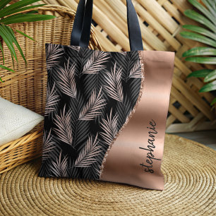 Glam Palm Leaves Rose Gold Black Metallic Name Tote Bag