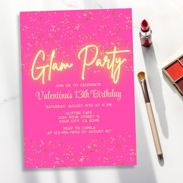 Glam Party Modern Hot Pink Neon Glow Girl Birthday Invitation (Creator Uploaded)