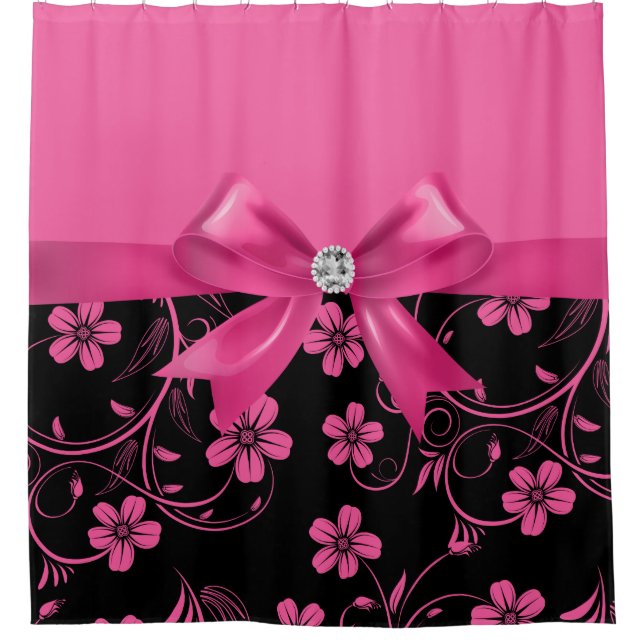 Glam Passion Pink Bow-Passion Pink Floral-Black Shower Curtain (Front)