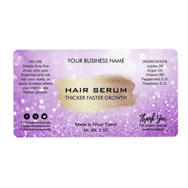 Glam Pastel Purple Glitter Hair Serum Labels (Front)