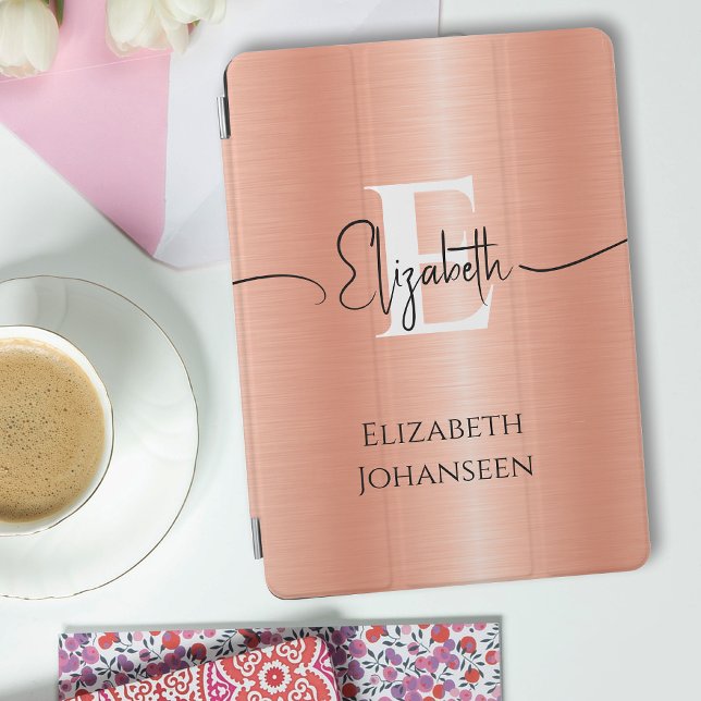 Glam Peach Fuzz Brushed Metal White Monogram Name iPad Mini Cover (Creator Uploaded)