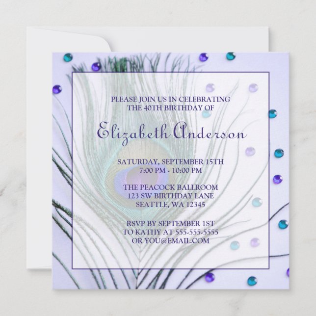 Glam Peacock Feather 40th Birthday Party Purple Invitation (Front)