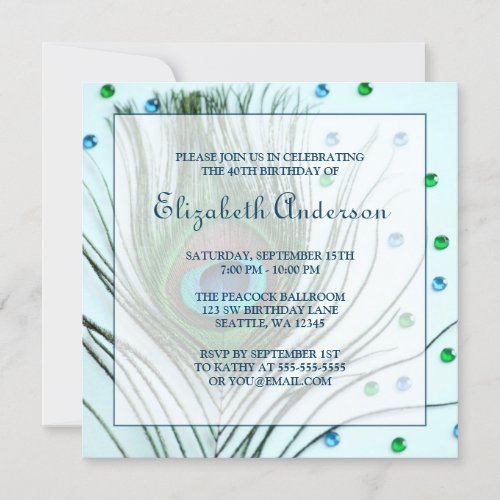 Glam Peacock Feather 40th Birthday Party Teal Custom Invite