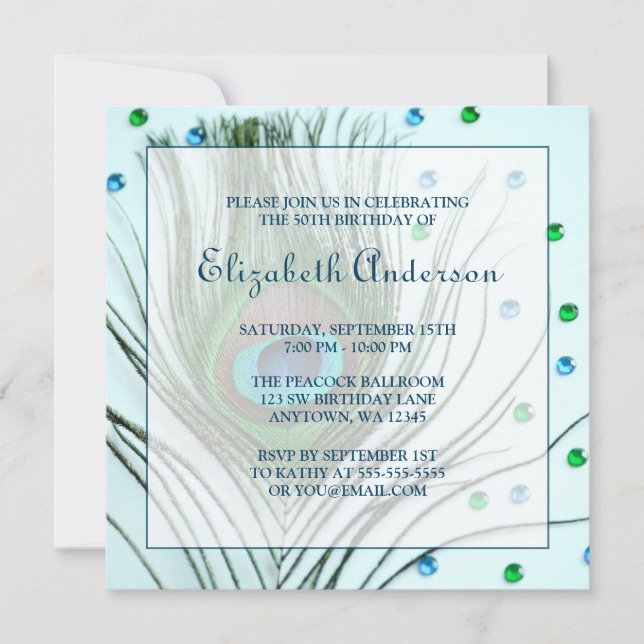 Glam Peacock Feather 50th Birthday Party Teal Invitation (Front)