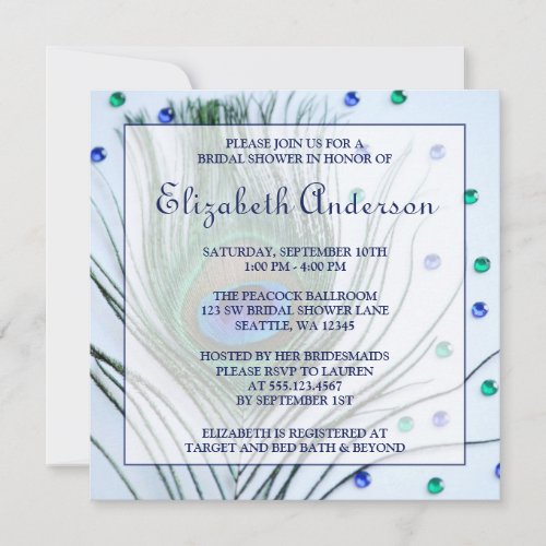 Glam Peacock Feather Blue Bridal Shower Custom Invite