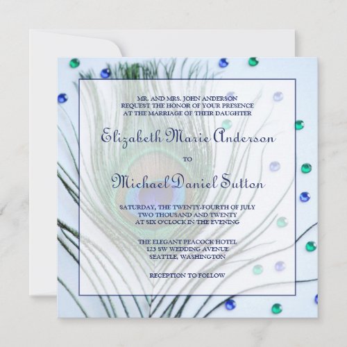 Glam Peacock Feather Blue Wedding Invitations