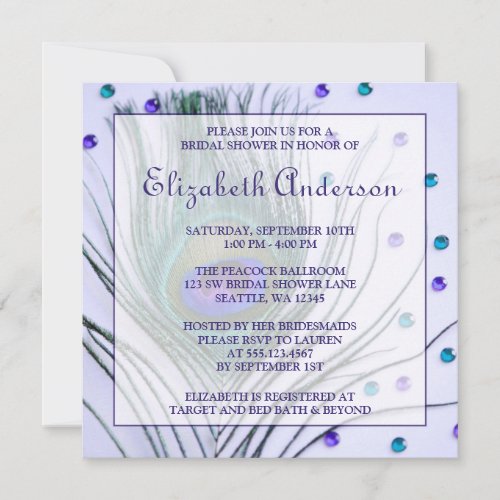 Glam Peacock Feather Purple Bridal Shower Custom Announcements