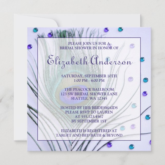 Glam Peacock Feather Purple Bridal Shower Invitation (Front)
