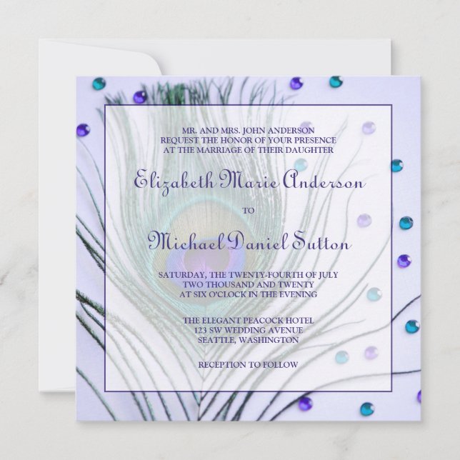 Glam Peacock Feather Purple Wedding Invitation (Front)