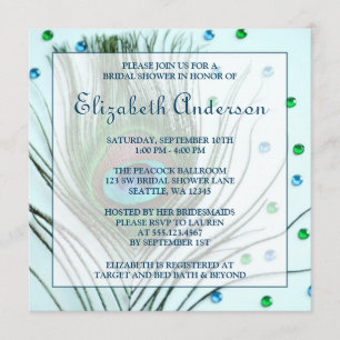 Glam Peacock Feather Teal Bridal Shower Invitation