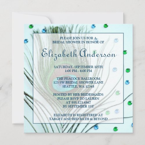 Glam Peacock Feather Teal Bridal Shower Personalized Invitations