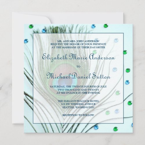 Glam Peacock Feather Teal Wedding Custom Invitations