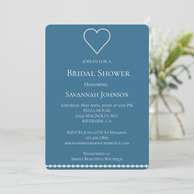 Glam Pearls Jewel Blue Bridal Shower Invitation (Standing Front)