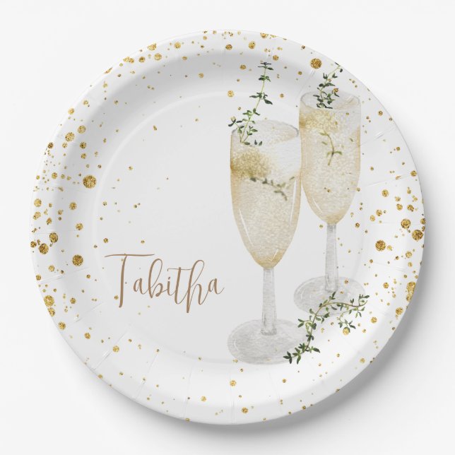  Glam Personalized Champagne Glasses Bridal Shower Paper Plates (Front)