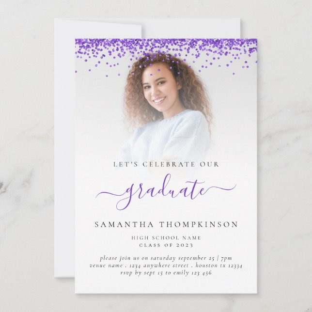 Glam Photo Purple Glitter Graduation 2024 Invitation (Front)