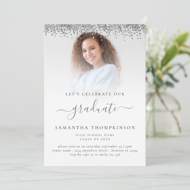 Glam Photo Silver Glitter Graduation 2024 Invitation (Standing Front)