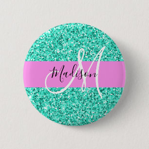 Glam Pink and Aqua Glitter Sparkles Monogram Name Button