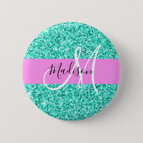 Glam Pink and Aqua Glitter Sparkles Monogram Name Button