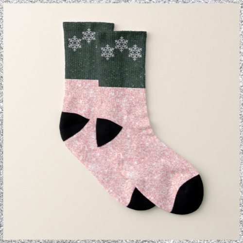 Glam Pink and Charcoal Glitter Snowflake Socks