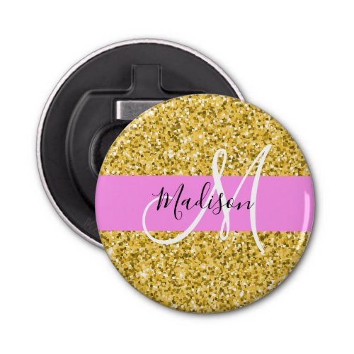 Glam Pink and Gold Glitter Sparkles Monogram Name Bottle Opener