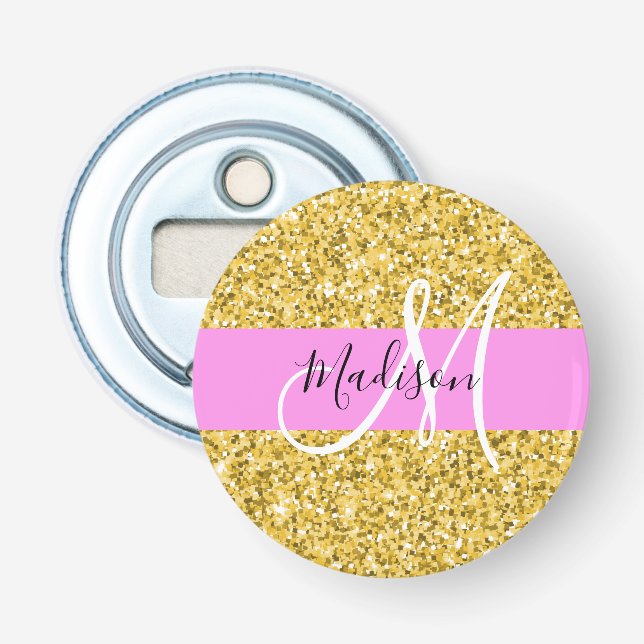 Glam Pink and Gold Glitter Sparkles Monogram Name Bottle Opener (Front)