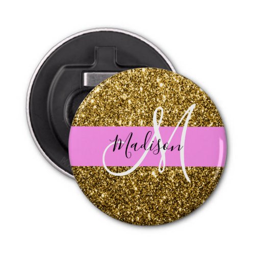 Glam Pink and Gold Glitter Sparkles Monogram Name Bottle Opener