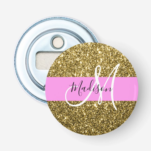 Glam Pink and Gold Glitter Sparkles Monogram Name Bottle Opener (Front)