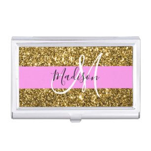 Glam Pink and Gold Glitter Sparkles Monogram Name Business Card Case