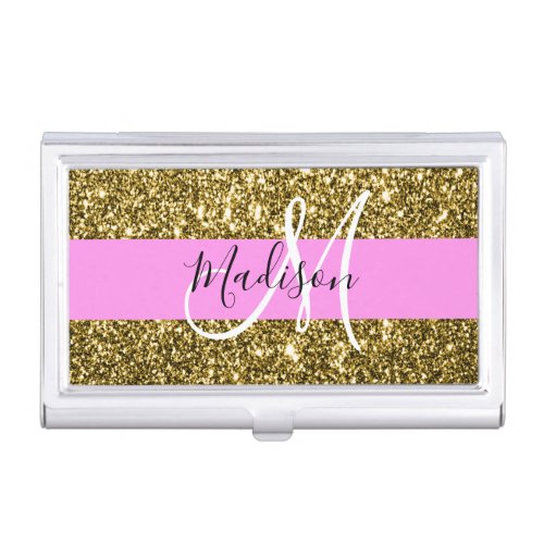 Glam Pink and Gold Glitter Sparkles Monogram Name Business Card Case