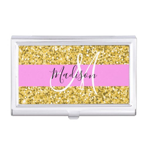 Glam Pink and Gold Glitter Sparkles Monogram Name Business Card Case