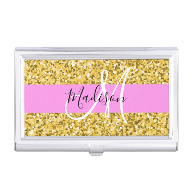 Glam Pink and Gold Glitter Sparkles Monogram Name Business Card Case (Front)