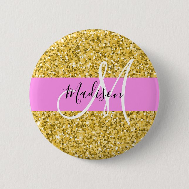 Glam Pink and Gold Glitter Sparkles Monogram Name Button (Front)