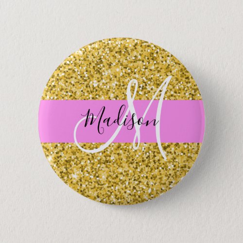 Glam Pink and Gold Glitter Sparkles Monogram Name Button