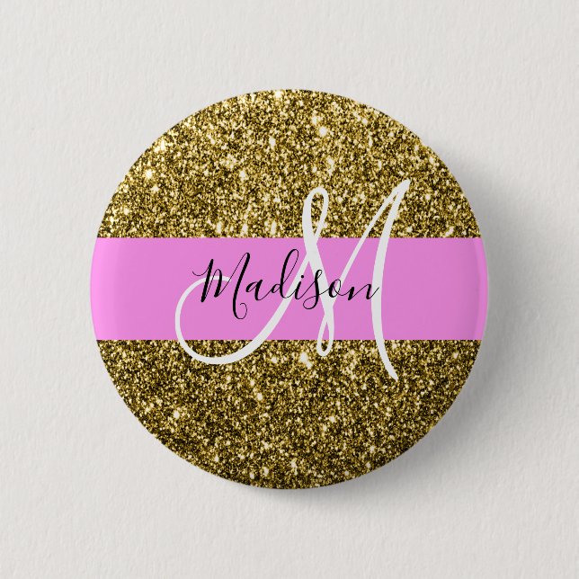 Glam Pink and Gold Glitter Sparkles Monogram Name Button (Front)