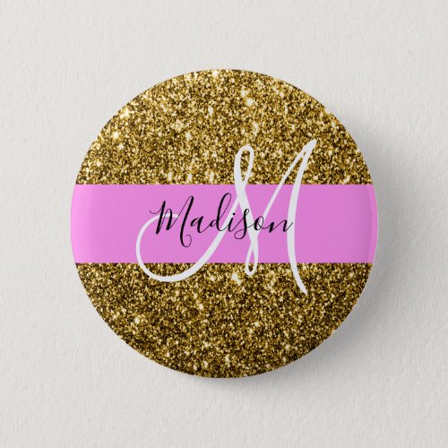 Glam Pink and Gold Glitter Sparkles Monogram Name Button