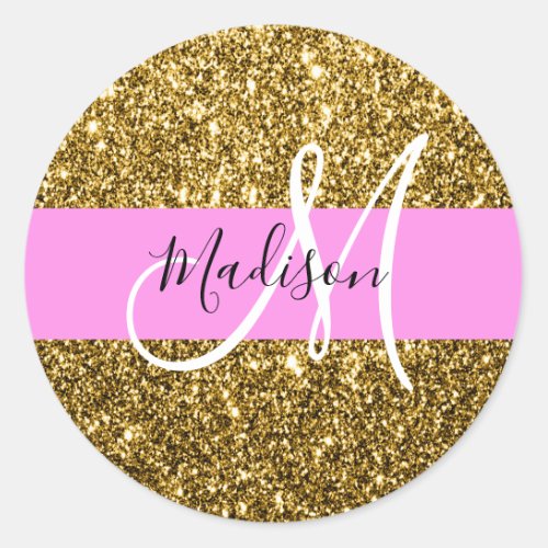 Glam Pink and Gold Glitter Sparkles Monogram Name Classic Round Sticker