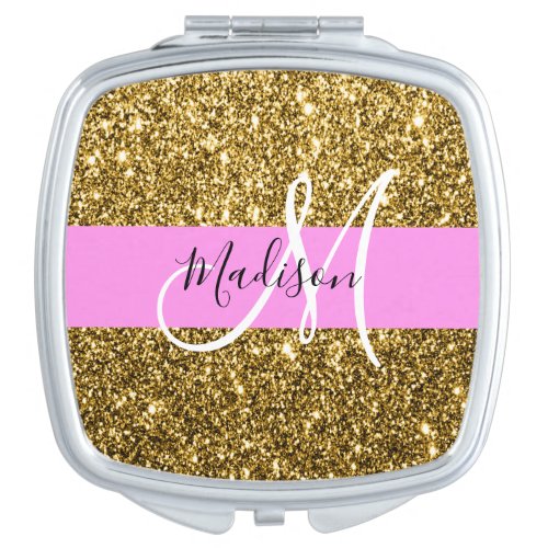 Glam Pink and Gold Glitter Sparkles Monogram Name Compact Mirror