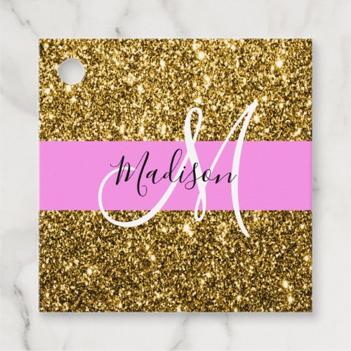 Glam Pink and Gold Glitter Sparkles Monogram Name Favor Tags