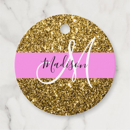 Glam Pink and Gold Glitter Sparkles Monogram Name Favor Tags