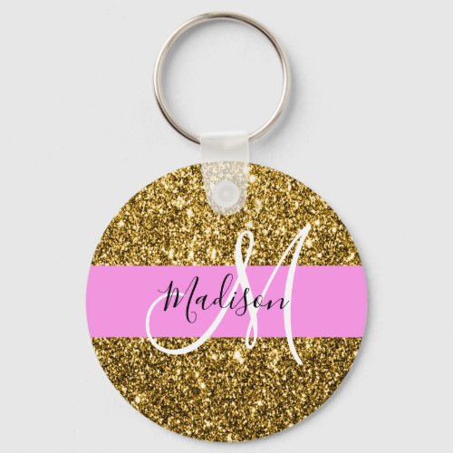 Glam Pink and Gold Glitter Sparkles Monogram Name Keychain