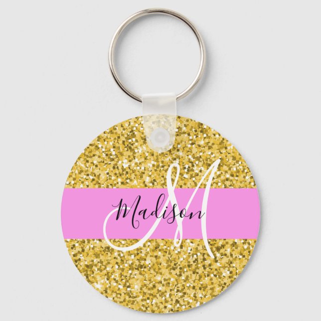 Glam Pink and Gold Glitter Sparkles Monogram Name Keychain (Front)