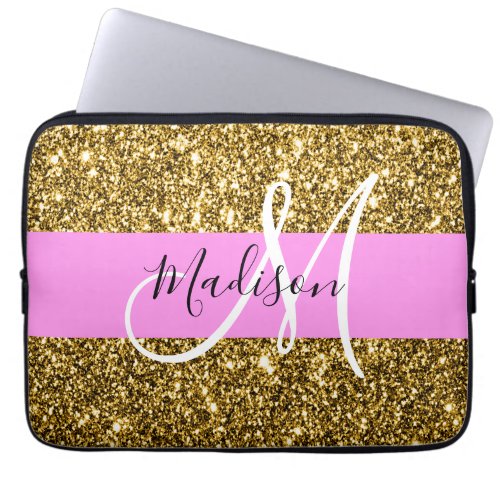 Glam Pink and Gold Glitter Sparkles Monogram Name Laptop Sleeve